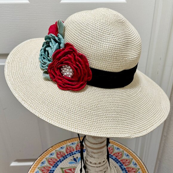 Elegant Women's Tweed Sun Hat With Satin Flowers And Pearls Special Event (NEW) - Picture 9 of 12